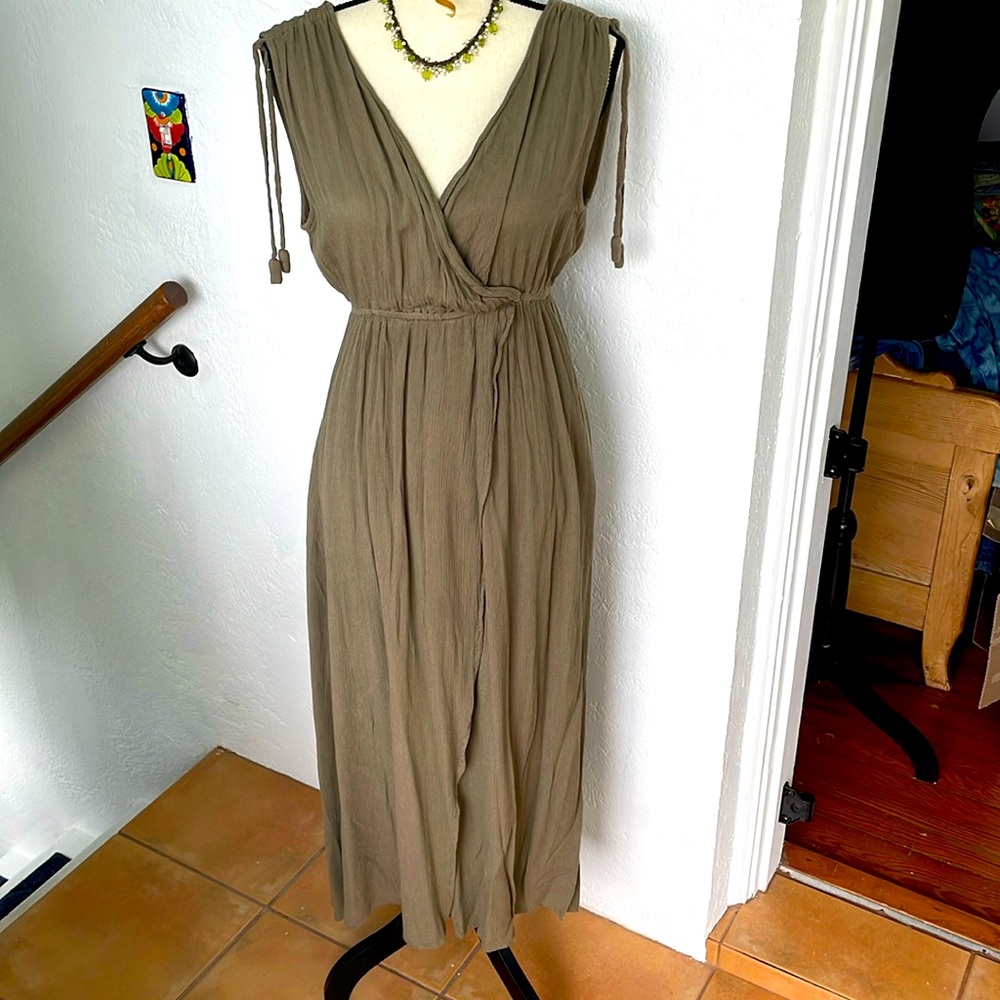 Mustard Seed Faux Wrap Army Green/TanGauze Dress with Romper underneath‎ Size M